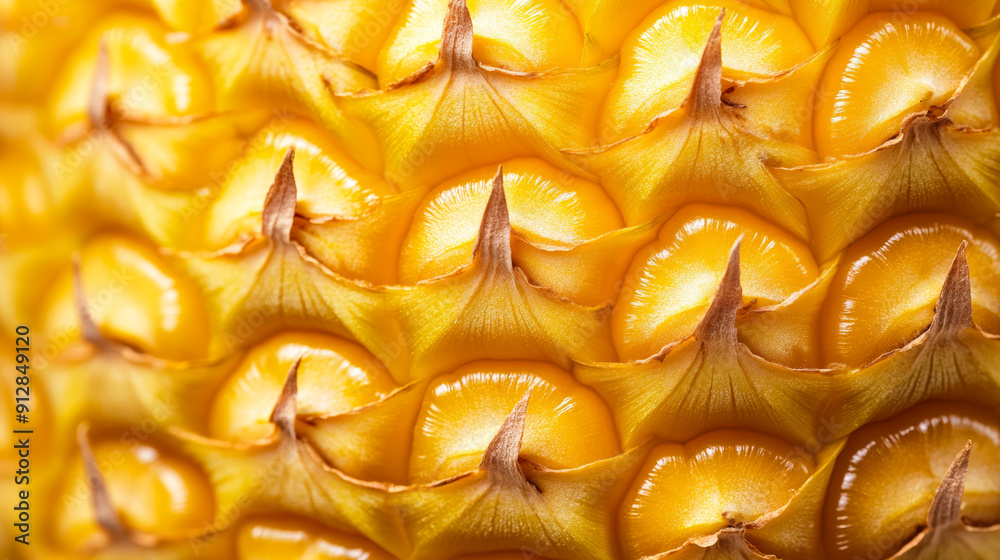 Poster Detailed shot of a pineapples skin showcasing the tough spiky texture with golden yellow and brown hues 