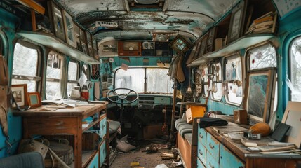 Old bus with historical photos and memorabilia inside