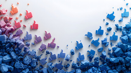 Fototapeta premium A high-resolution image showing a vibrant cascade of colorful thumbs up icons, crumbling and spreading across a pristine white background. 