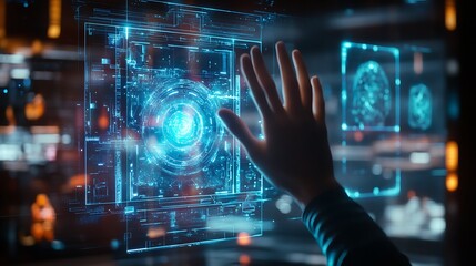 A Hand Interacting with a Futuristic Interface Displaying Blue and White Digital Data
