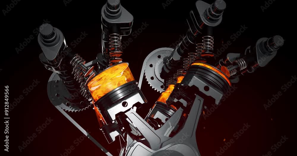 Poster Close-Up Animation of V8 Engine Components in Motion. Industry Related High Quality 3D 4K Animation.