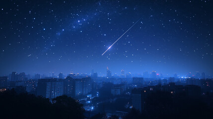 The starry night sky, filled with many stars, is illuminated by a meteor shower over a beautiful, calm landscape.
