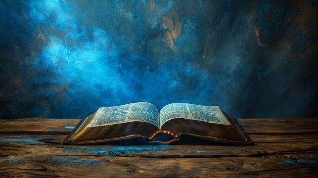 Open bible on wooden table with blue smoke background