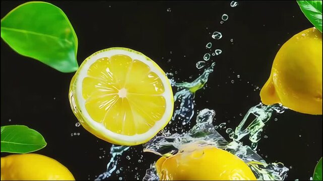 fresh lemon with water splashes on black background, video slow motion