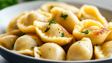 Macro shot of the texture of Polish pierogi showcasing the soft doughy dumpling filled with creamy potato and cheese 