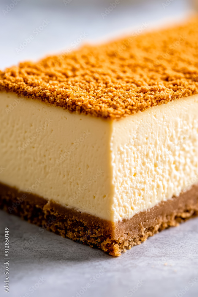 Poster Macro shot of the texture of a cheesecake highlighting the creamy smooth surface with a crumbly graham cracker crust 