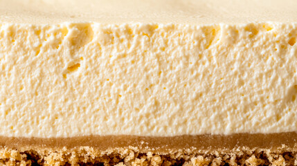 Macro shot of the texture of a cheesecake highlighting the creamy smooth surface with a crumbly graham cracker crust 