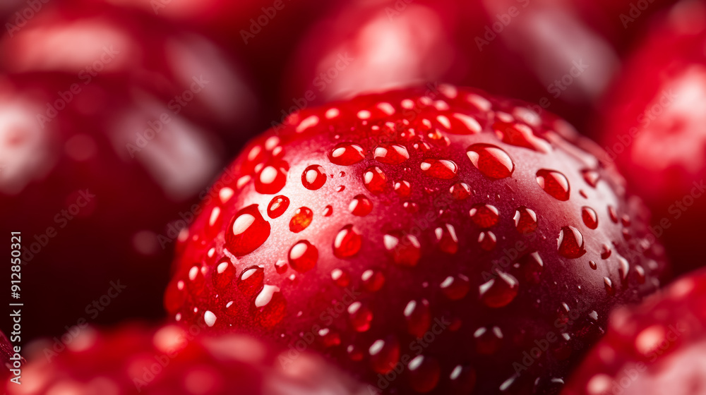 Wall mural macro shot of the texture of a cranberrys skin highlighting the bright red surface with subtle dimpl