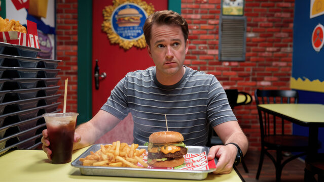 A man sitting at a table with fries and a hamburger, AI - Powered by Adobe