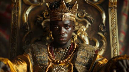 Fototapeta premium Young king seated on throne wearing ornate crown and traditional regalia