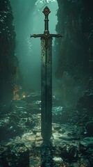 Mystic blade in a foggy, enchanted forest.