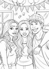 Obraz premium Three friends taking a selfie in a party scene coloring page