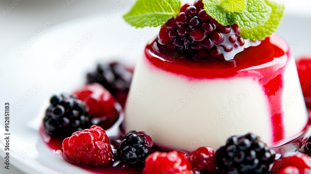 Sticker Macro shot of the texture of a panna cotta showcasing the silky smooth surface with a glossy berry sauce on top 