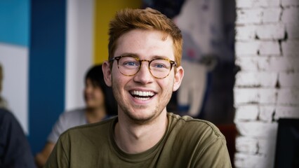 Fototapeta premium A man with glasses smiling while sitting in a room, AI