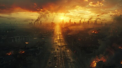Fototapeta premium Apocalyptic sunset over burning cityscape with emerging smoke and flames