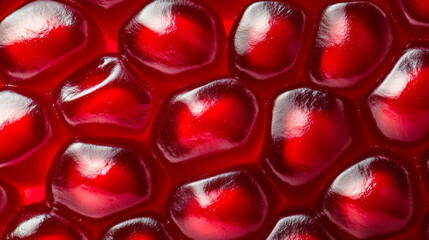 Macro shot of the texture of a pomegranates interior filled with ruby red seeds and pale membrane 