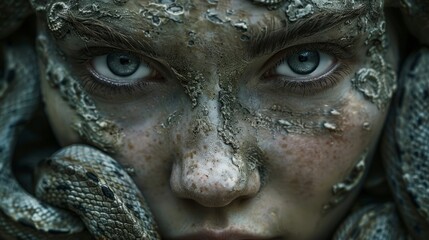Mysterious woman with serpents and earthy makeup in enigmatic forest setting