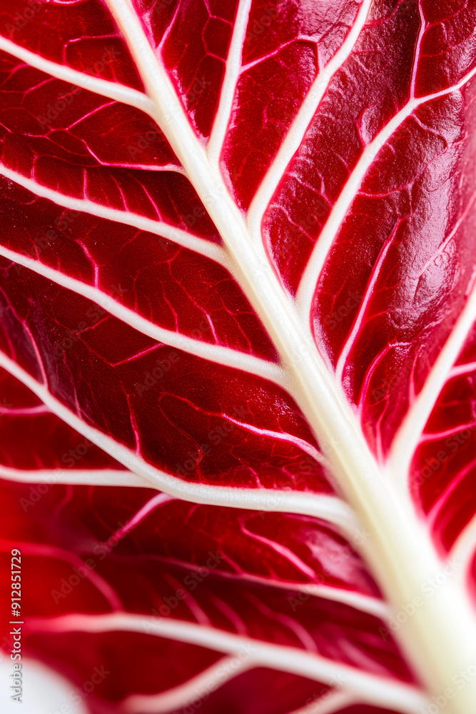 Wall mural Macro shot of the texture of a radicchio leaf highlighting the deep red surface with white veins 