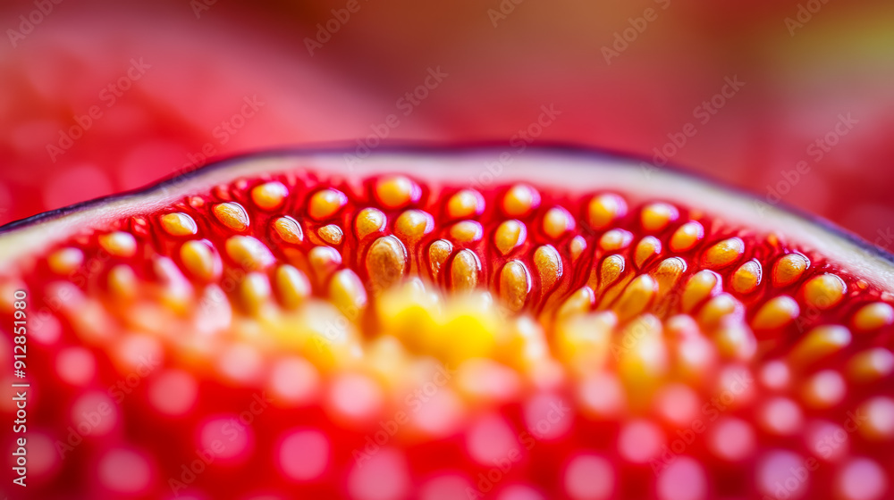 Wall mural macro shot of the texture of a ripe figs inside displaying vibrant red and yellow seeds with intrica