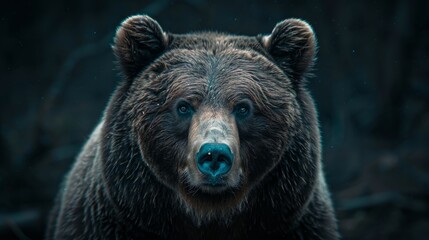 Fototapeta premium Large brown bear staring directly at the camera in a mysterious forest setting