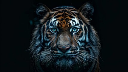 Majestic tiger staring directly into the camera in dark habitat