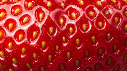 Macro shot of the texture of a strawberrys surface featuring bright red skin dotted with tiny yellow seeds 