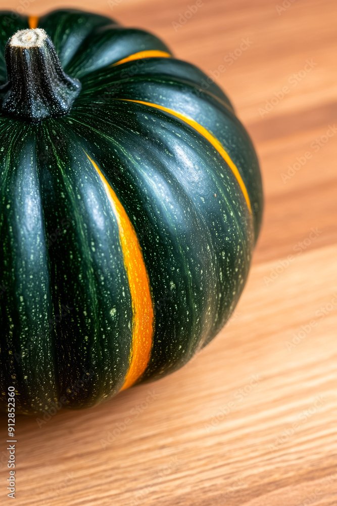 Poster Macro shot of the texture of an acorn squashs skin displaying the dark green surface with bright orange stripes 