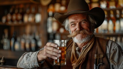 Elderly cowboy raising glass in rustic saloon during golden hour