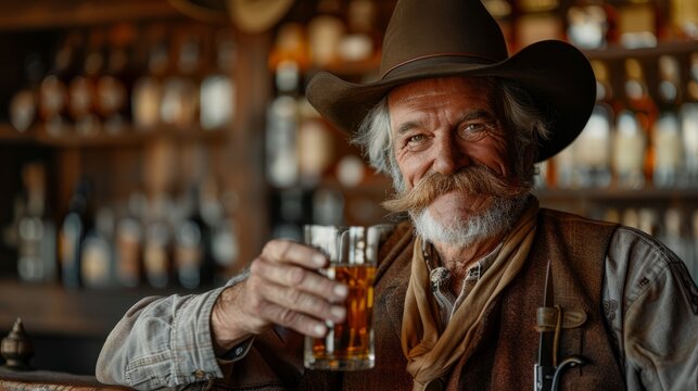 Elderly cowboy raising glass in rustic saloon during golden hour