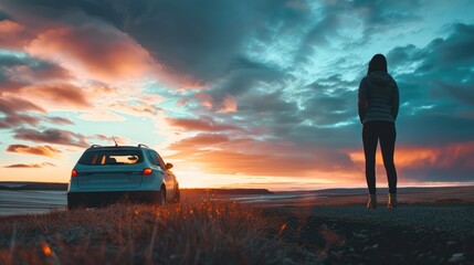 Person standing next to their car, looking at the horizon.