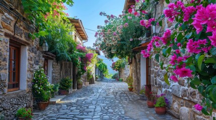 Quiet village with cobblestone streets and blooming flowers.