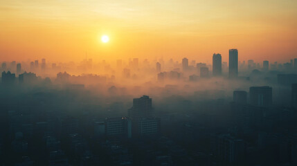 A stunning city skyline enveloped in morning fog, illuminated by a golden sunrise, creating a...