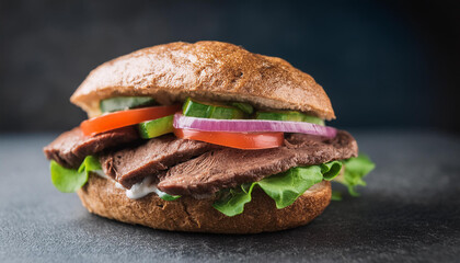 Delicious grilled beef sandwich with fresh vegetables. Tasty fast food. Yummy lunch. Cooking concept