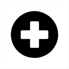 Black round shape with white plus silhouette vector illustration design on white background.