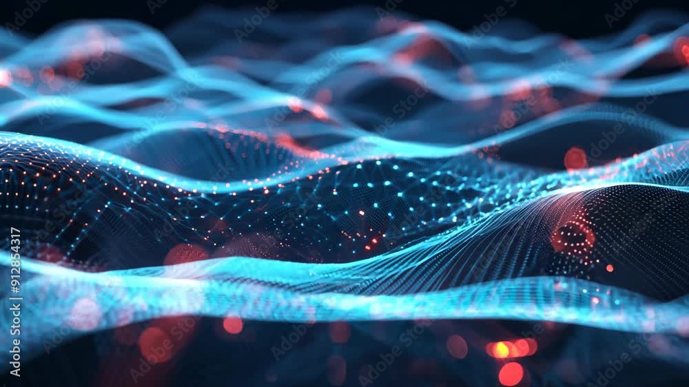 Poster abstract digital waves background. future and futuristic technology. neon particles waveform 3d anim
