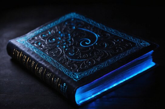 An ancient magic book with intricate carvings and a glowing blue light emanating from its edges, creating a mystical and enchanted atmosphere.