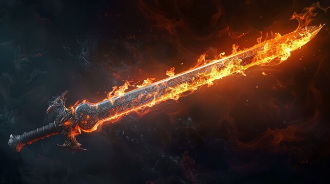 Flaming sword glowing with intense fire against dark background