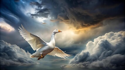 Fototapeta premium A Paper Goose Takes Flight Amidst a Tempestuous Sky AI generated