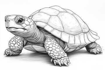 a children's coloring page depicting a happy turtle with a shell