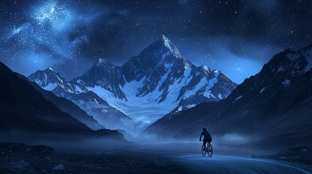 Riding a Bicycle at High Speed, with Wind in His Face, Surrounded by Towering Mountains Under a Starlit Sky. Capturing the Symphony of Nature