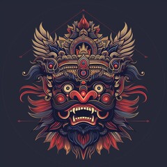 Colorful detailed ornate Balinese demon mask geometric frame.