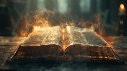 Obraz premium Ancient book emitting flames in dimly lit library