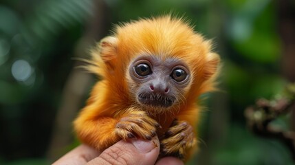 Obraz premium Tiny golden monkey held by a person in a lush green forest during the day