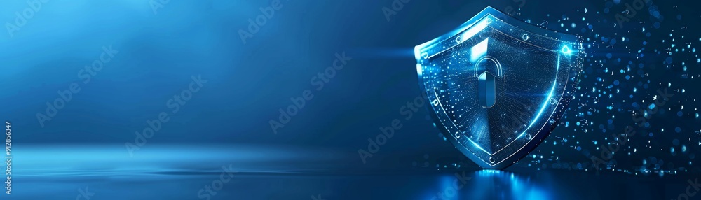 Poster a glowing shield symbolizing protection and security in a digital environment with a blue futuristic