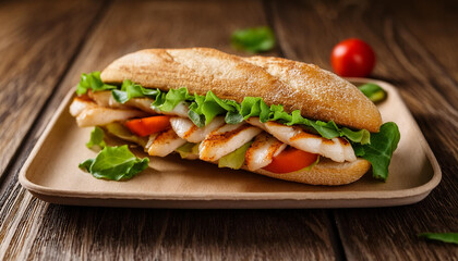 Delicious grilled chicken sandwich with fresh vegetables. Tasty fast food for lunch. Cooking concept