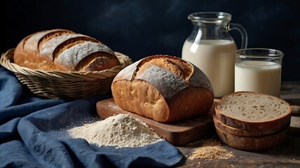 Healthy and tasty organic food, bread, milk, flour, Wheat ear, Homemade bread, natural farm products