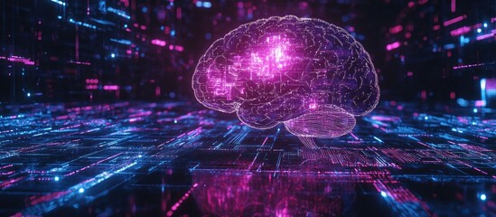 Fototapeta premium Holographic Brain Interface Representing Artificial Intelligence and Deep Learning Technologies Business and Internet Innovation Concept 3D Visualization