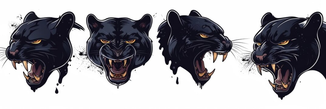 Set black panthers with open mouths and sharp teeth.