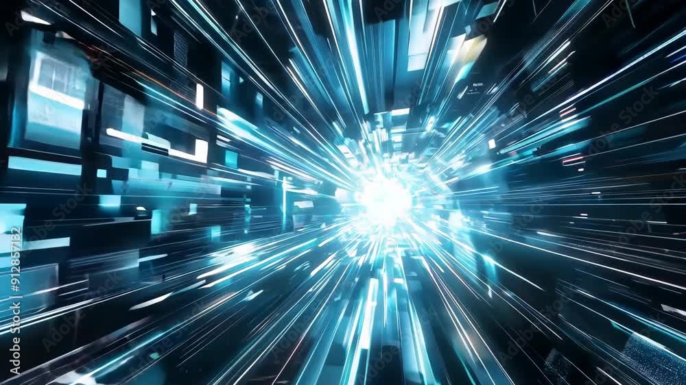 Poster Flying through abstract digital data tunnel. Future and futuristic technology background. Dynamic light streaks. Cybersecurity visualization