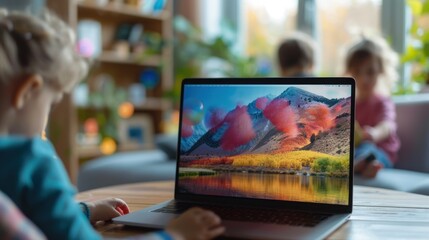 Laptop screen at home with children playing in the background.